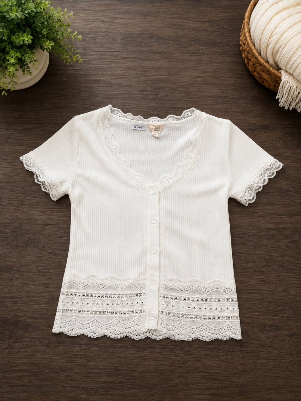 Caution To The Wind Cream Lace-Trim Ribbed Button-Down Top
